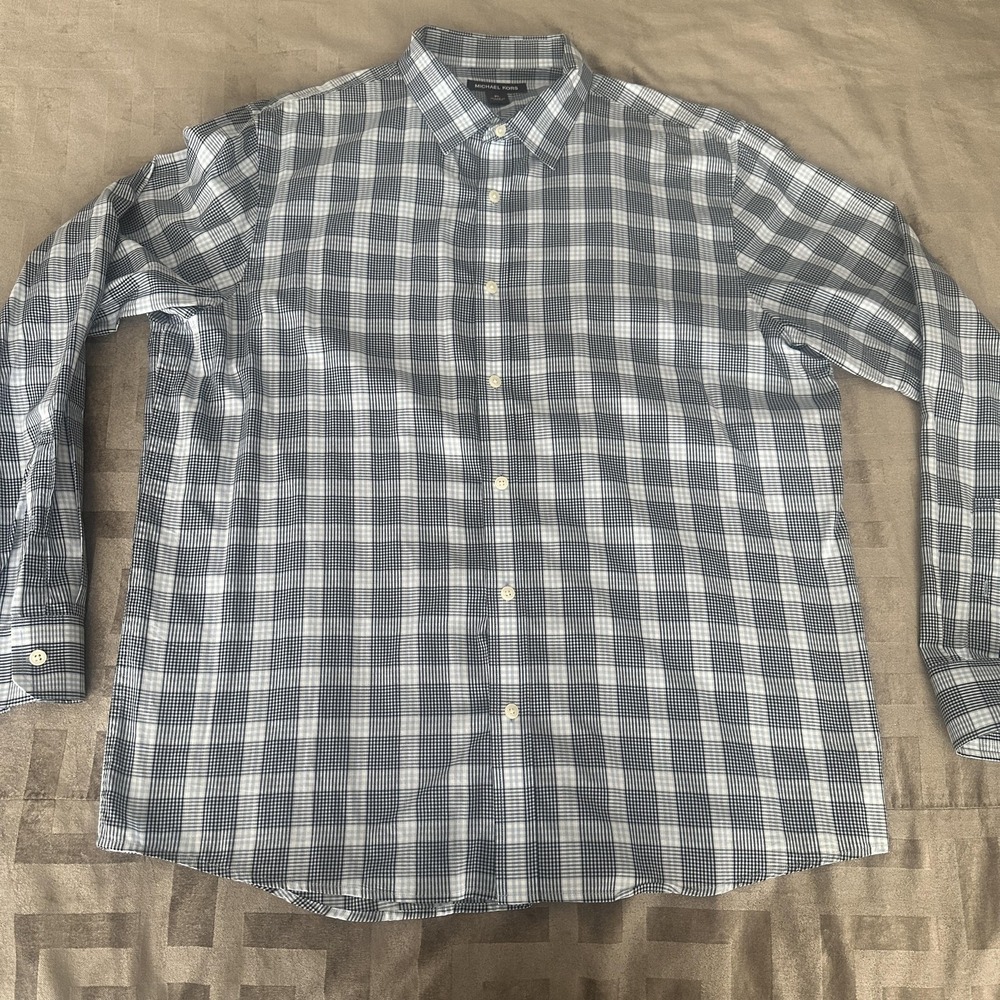 Michael Kors Shirt Mens XL Blue Check Plaid Dress LongSleeve Button Front Cotton